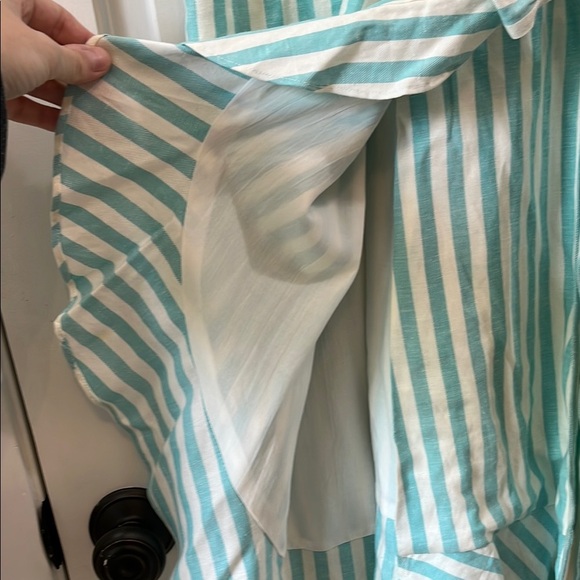 NWT Draper James Teal and White Puff Sleeve True Wrap Linen Mini Dress - Size XL - Picture 9 of 16